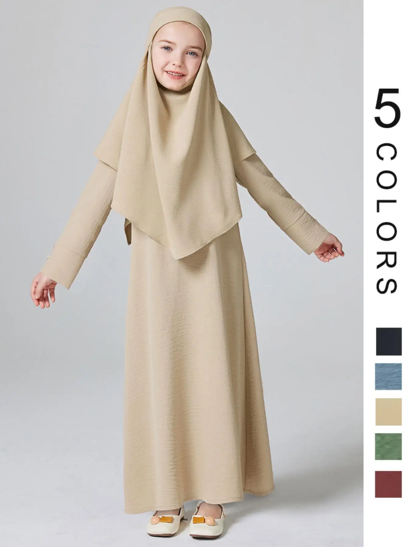 Girl's Solid Button Front Abaya Dress & Hijab Musilim Set, Modest Outfits, Modest Long Sleeve Stand Collar Dress & Button Back Hijab, Kid's Summer Clo