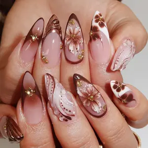 6 Styles Press On Nails Set | French Tip / Floral / Chrome / Rhinestone | Almond & Square | Reusable Glossy Fake Nails Kit (24pcs)
