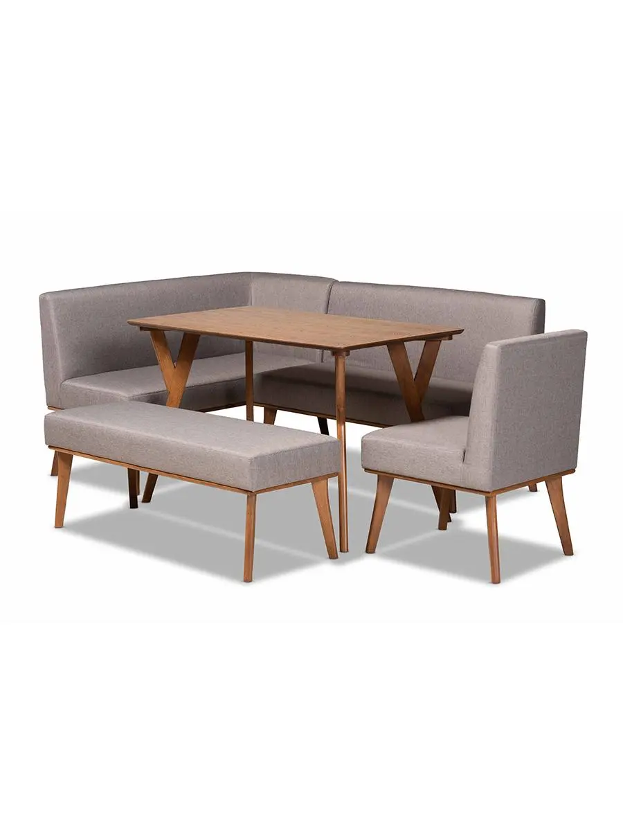 Wholesale Interiors BBT8054-Grey-Walnut-5PC Dining Nook Set Odessa Mid Century Modern Fabric Upholstered Wood Dining Nook Set, Walnut & Brown - 5 Piece