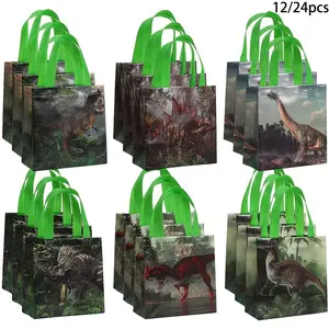 Dinosaur Party Favor Bags with Hands Gift 12/24pcs, Jungle Themed Handbags for Dinosaur Party Supplies Party Gifts