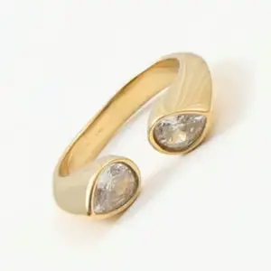 Ajustable Gold Color High-end PVD Stainless Steel Shiny Transparent Water Drop Shaped Zircón Ring for Women Fashion Jewelry