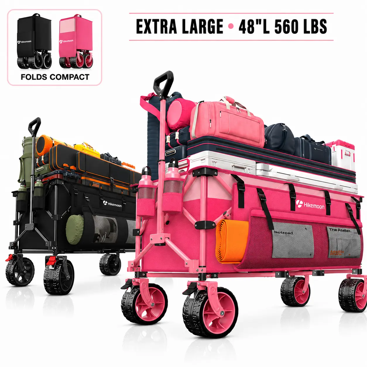 Hikemoon Heavy-Duty Collapsible Utility Outdoor Wagon Cart, 560 lbs Capacity, 400L Volume, Brakes, Flexible Handle, All-Terrain Big Wheels, Compact Pack & Foldable Wagon for Shopping, Camping, Garden, Shopping Cart Foldable, push carts