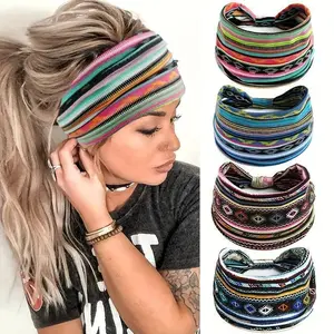4Pack-For A Set, Women's Multi-color Wide Edge Sports Yoga Running Sweat Absorption Knot Elastic Hair Band Hair Accessories, National Style Bohemian Style Simple Fashion Style