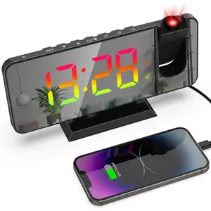 Projection Alarm Clock for Bedroom Ceiling 180° Rotatable Projector 7.4" RGB Mirror LED Digital Display Dual Alarm with 5-Level Brightness Dimmer 12/24H Format (Black)