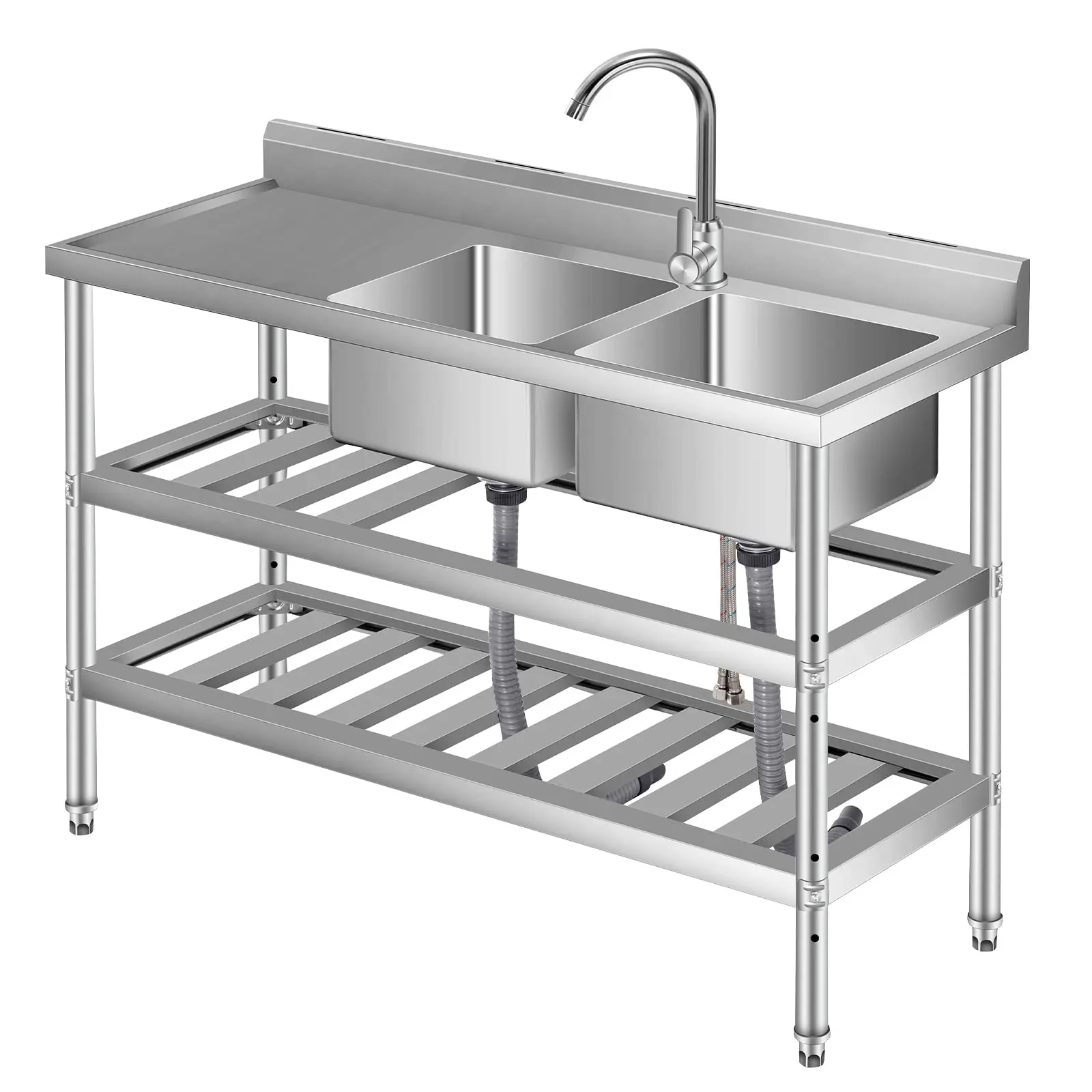 Double-bowl freestanding stainless steel utility sink, 47x18x32 inches with pull-out sprayer, raised backsplash, and undershelf storage. Built for laundry, garage, kitchen, or backyard use.