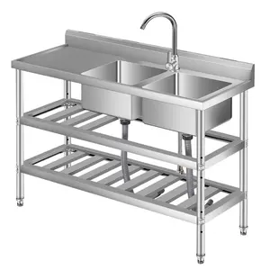 Double-bowl freestanding stainless steel utility sink, 47x18x32 inches with pull-out sprayer, raised backsplash, and undershelf storage. Built for laundry, garage, kitchen, or backyard use.