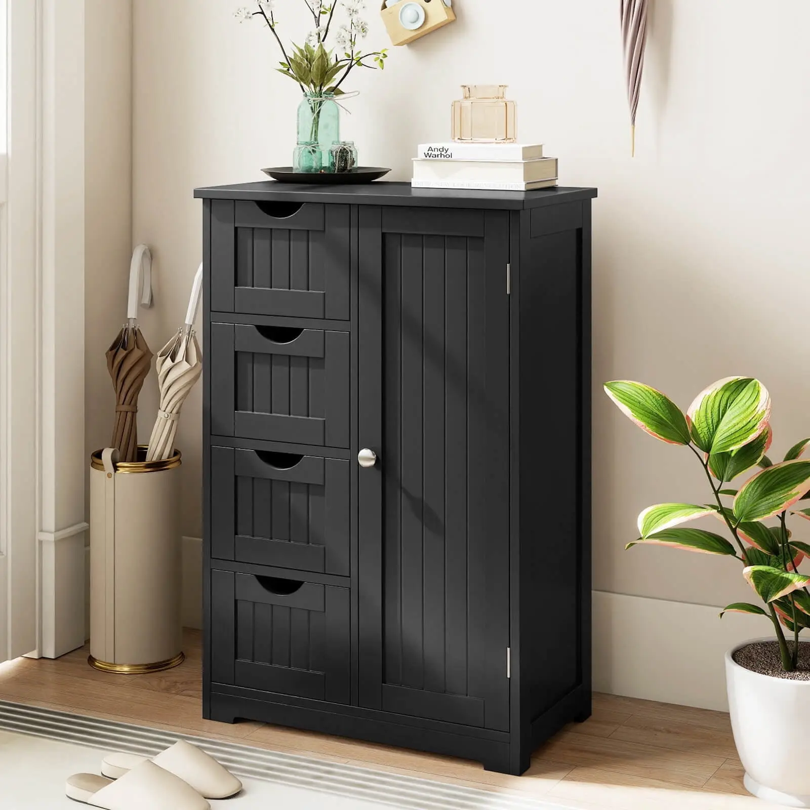 Costway 4-Drawer Freestanding Bathroom Floor Cabinet, Adjustable Storage Cupboard, Black
