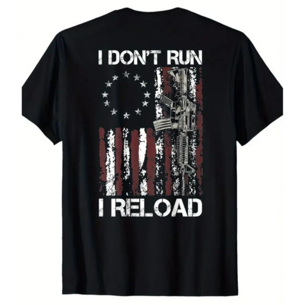 100% Cotton American Flag Patriots T-Shirt - 'I Don't Run I Reload Gun' Design, Short Sleeve, Round Neck Man Top graphic tees men gifts shirts men Fathersdaygift Tshirt, Natural, Casual