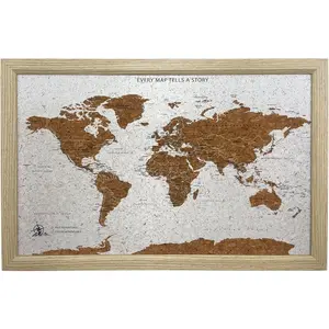 Gleneagles World Travel Map & Pin Board Beige - Framed Pinboard Cork Wooden Design 70 Push Pins Included | 14.2'' x 21.2'' Personalised  Wanderlust Wall Art Decor for Travelers Geography