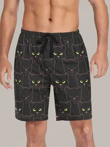 Men's Summer Cat Print Sleep Pants, Soft Polyester Fiber, Comfortable Short Shorts and Home Wear
