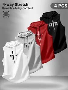 Men's Summer Sport Hooded Tank Top Set, Cross Letter Pattern, Casual Loose-Fit, Ideal for Outdoor Activities and Fitness