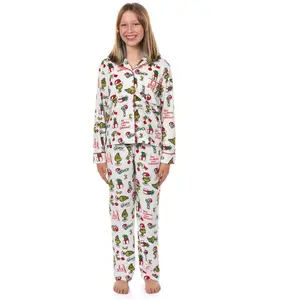 Dr. Seuss The Grinch Pajamas Girl's Velveteen 2-Piece Kids Lounge Sleep Set (X-Large, 14) White