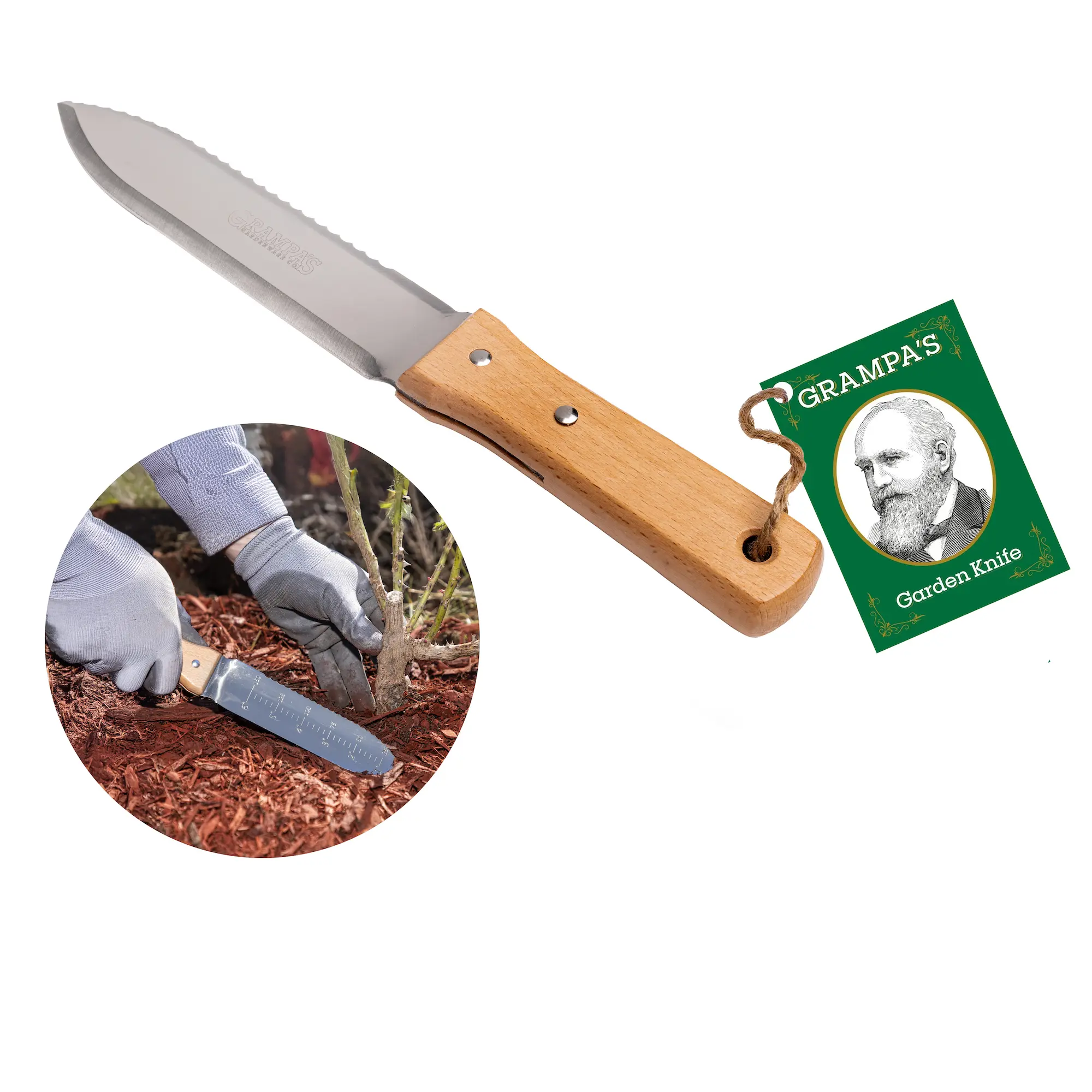 Grampa's Garden Knife - Versatile 7" Hori Hori Garden Knife With Straight & Serrated Steel Blade. Heavy-Duty Garden Hand Tool For Weeding, Digging or Planting. Includes Protective Sheath.