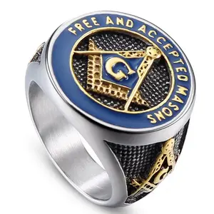 Stainless Masonic Ring Freemason Accepted Men Blue Gold G Square Compass Eye US