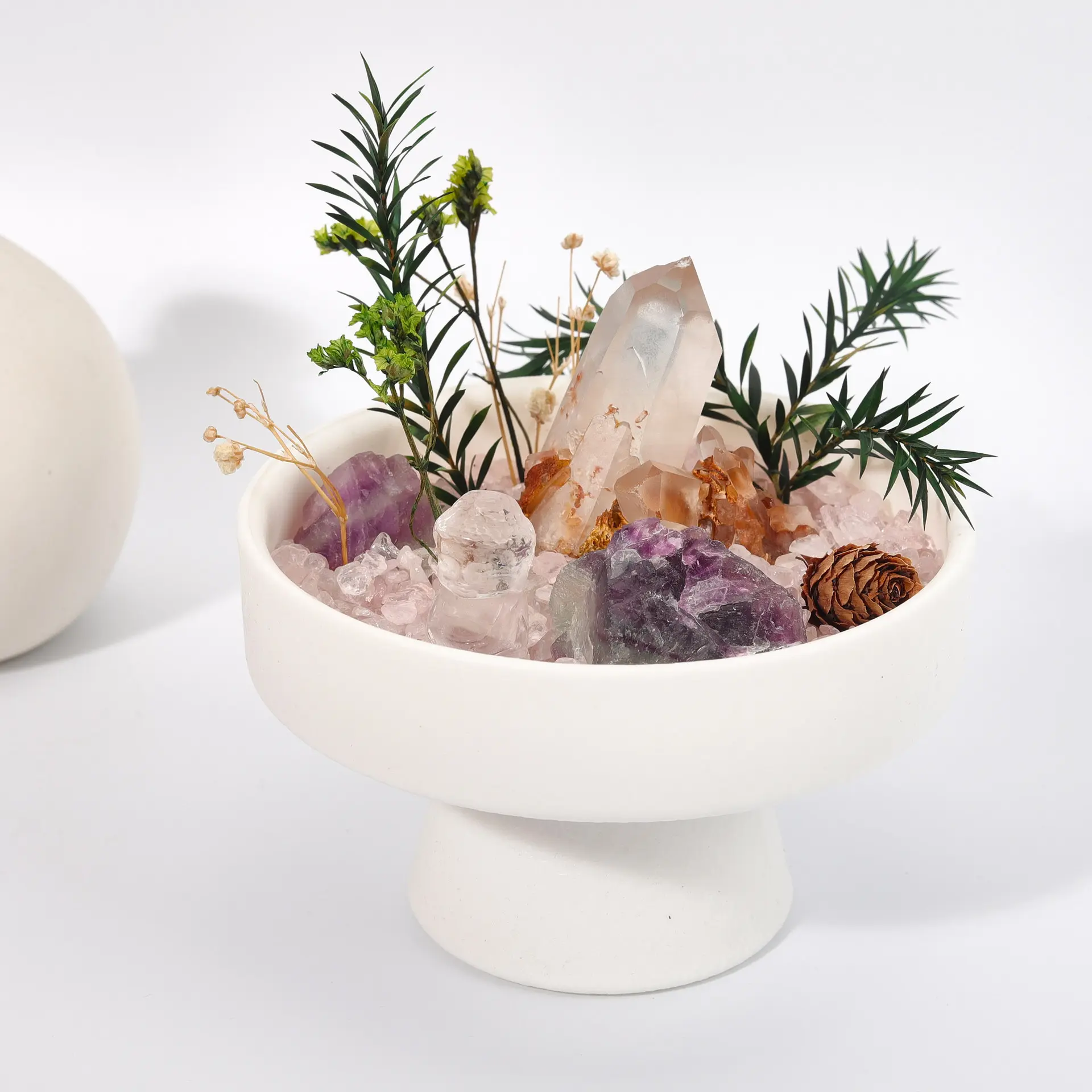 Mixed Crystal Cluster Decor Dried Flower Arrangement Tabletop Ornament Home Office Desk Decoration Housewarming Gift