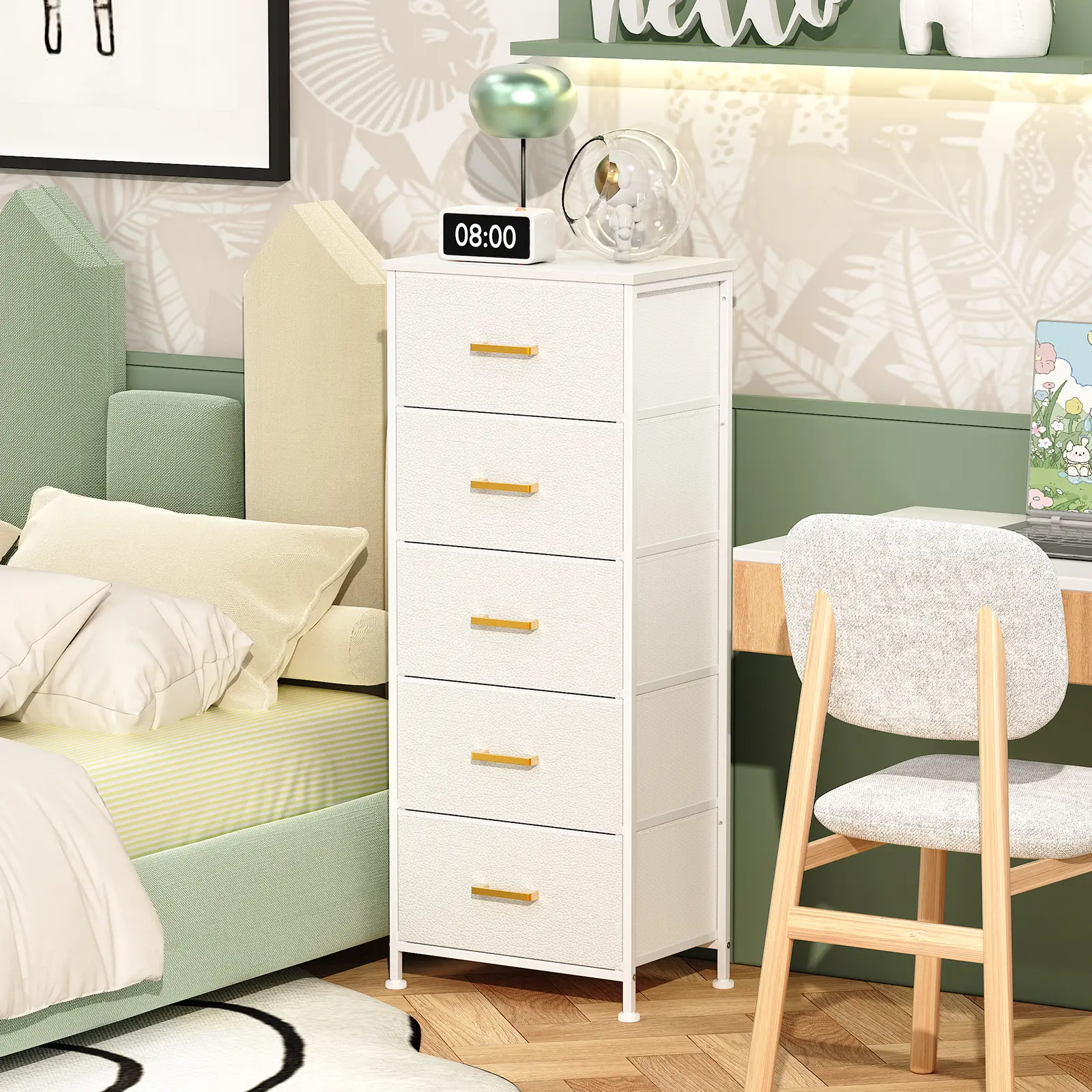5-Drawer Tall Bedroom Dresser, Storage Cabinet With Wood Top, Metal Frame, Pu Leather Accents, Narrow Drawer Chest (Assembly Required) for Bedroom, Living Room