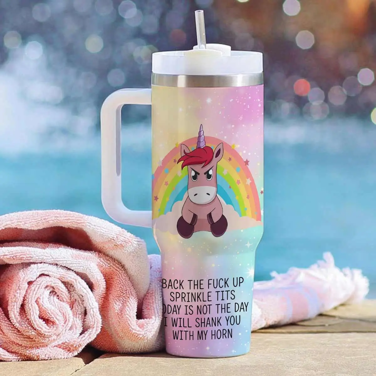 Funny Unicorn 40oz Handle Tumbler, Rainbow Unicorn Coffee Tumbler, Stainless Steel Tumbler - scs18551