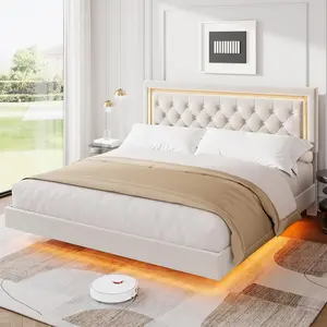 Garvee King Size Floating Bed Frame with Smart LED Lights, Upholstered Platform Bed with Diamond Tufted Headboard, Solid Wood Slats Support, Noise-Free, No Box Spring Needed, Easy Assembly, White