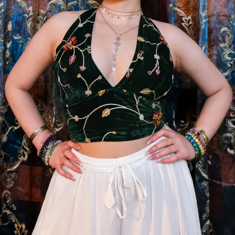 Women's Velvet Backless Halter Croptop Bralette - Embroidered, Wrap-Tie Waist, Chic, All Seasons, Layering with Kimonos, 90s Backless Halter Blouses & Shirts (for Fairycore Festival, Cottagecore Styles)