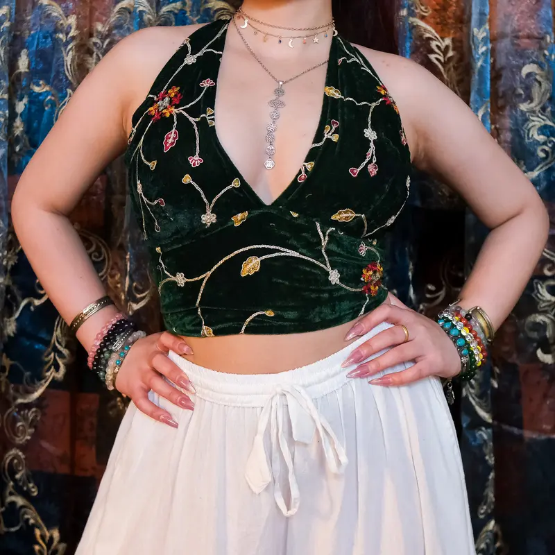 Women's Velvet Backless Halter Croptop Bralette - Embroidered, Wrap-Tie Waist, Chic, All Seasons, Layering with Kimonos, 90s Backless Halter Blouses & Shirts (for Fairycore Festival, Cottagecore Styles)
