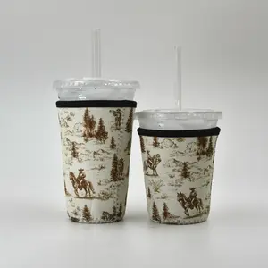 Western Cowboy Coffee Sleeve | Reusable Neoprene Iced Coffee Cup Cover 16-24oz Cowboy Print Eco-Friendly Insulator for Grande & Venti Cups