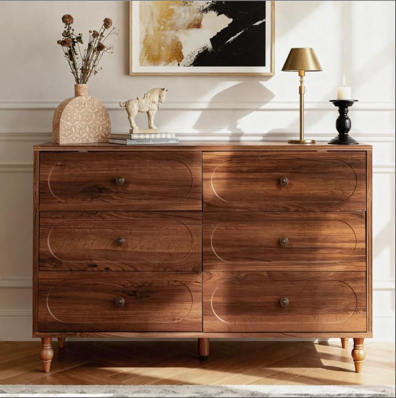 BERRY NEST 6 Drawer Dresser for Bedroom, 47" Wide Mid-Century Chest of Drawers with Solid Wood Legs, Dark Walnut Wood Dresser with 6 Storage Drawers for Bedroom, Living Room, TV Stand