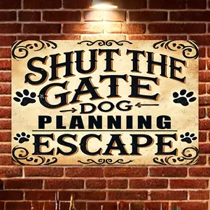 2D Flat 1pc  8*12 in Vintage Metal Sign That Reads, 'Close The Door, The Dog Intends to Make a Run for It' - Resistant to Water And Wind, Ideal for Family, Caves, Garages, And Beyond - Sturdy Aluminum Featuring Paw Prints for Effortless Room Decoration