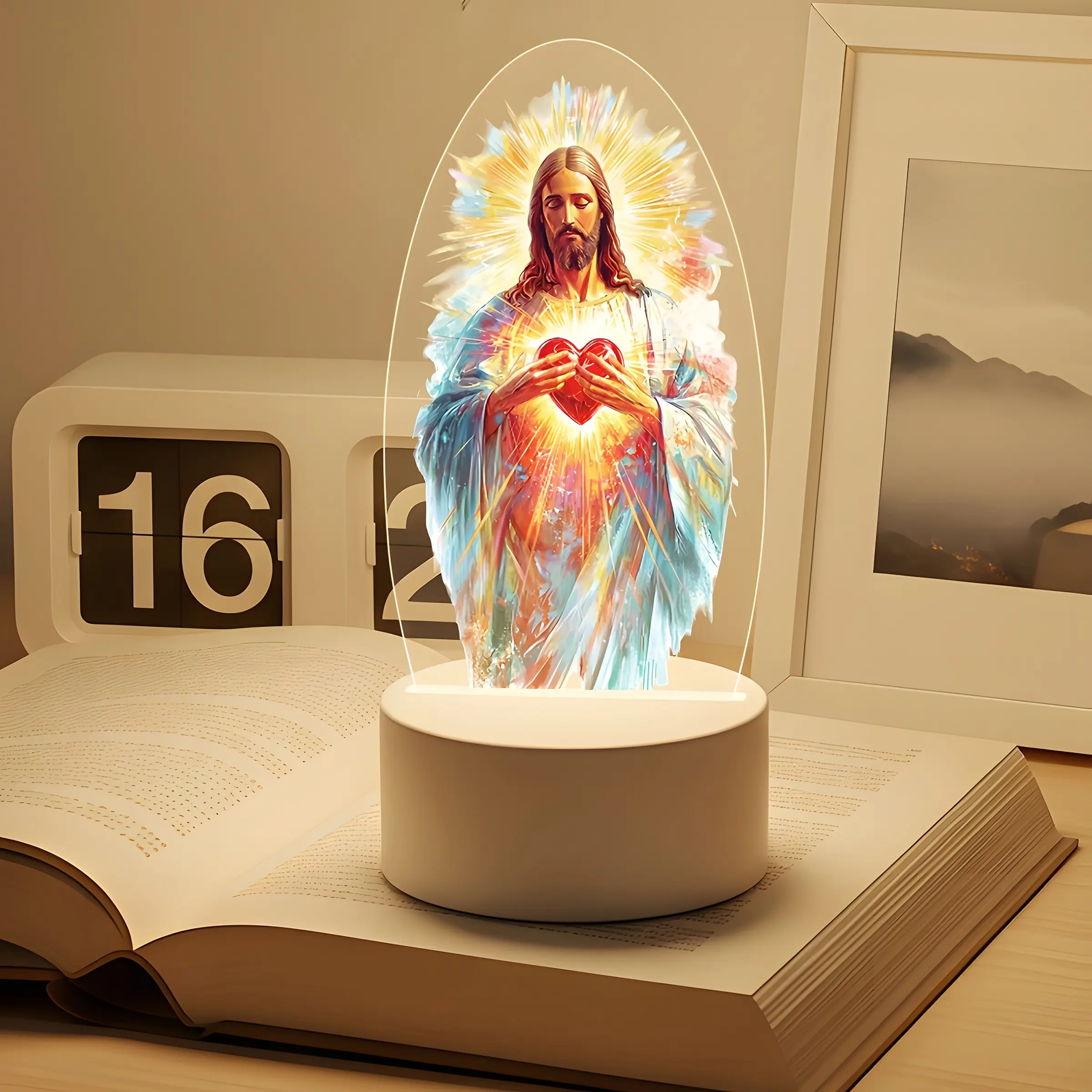 Jesus Sacred Heart Acrylic Night Light, Warm Base, Religious Gift for Easter/baptism, Enhances Holy Atmosphere