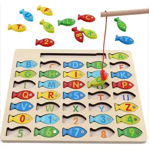 P-ITC06 Magnetic Wooden Fishing Game Toy for Toddlers, Alphabet Fish Catching Counting Games Puzzle with Numbers and Letters, Preschool Learning ABC Math Educational Toys 3 4 5 Years Old Girl Boy Kids