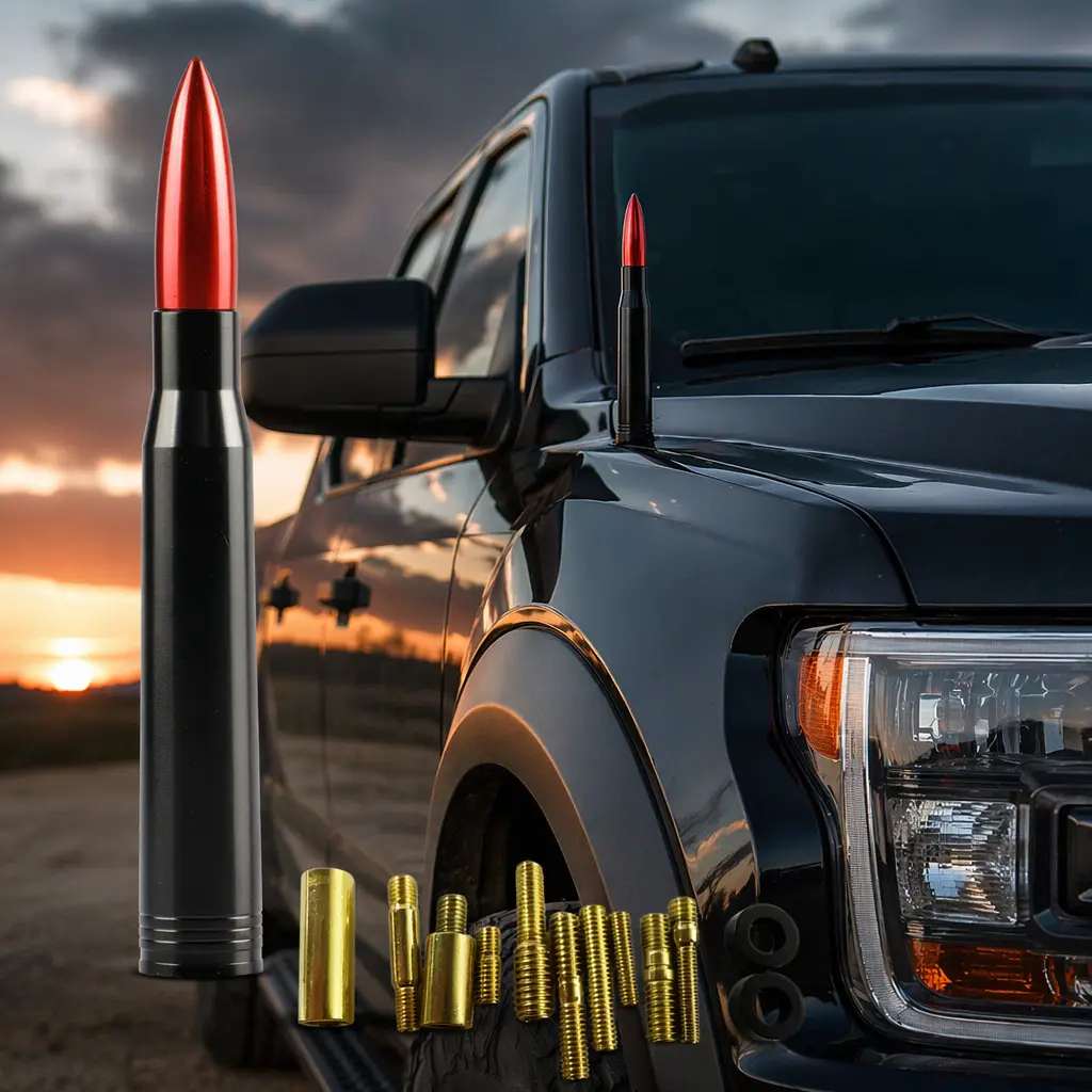 Red Universal Bullet Antenna with Gold Hardware for Ford Dodge Chevrolet Jeep Toyota Truck
