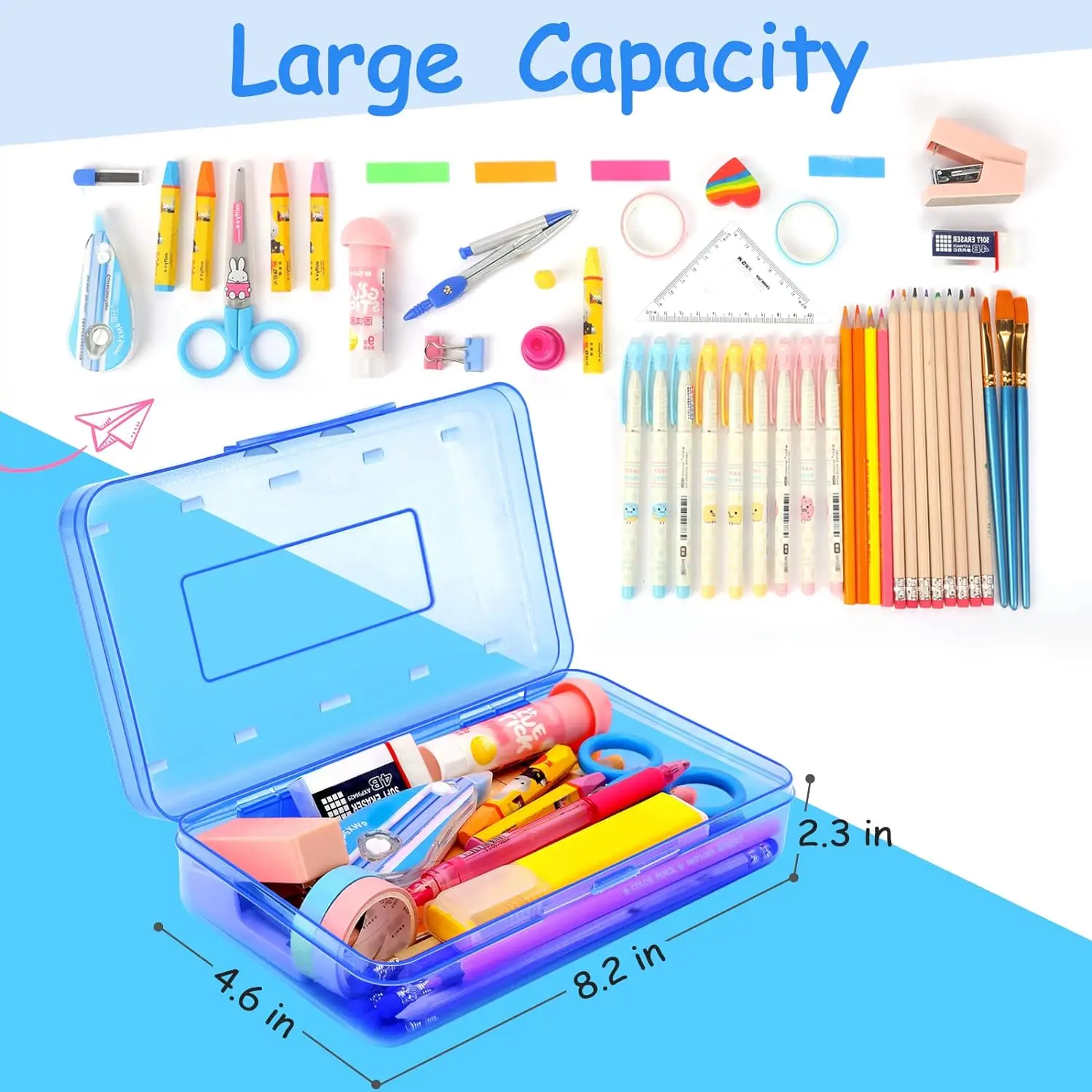 Sooez 1 Pack Clear Pencil Box, Plastic Hard Pencil Case with Stickers, Large Crayon Box with Snap-tight Lid, Stackable Storage Box Art Craft Marker Organizer Box for Kids Boys Back to School, Blue