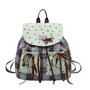 Sweet and cute bowknot unisex backpack, mint green backpack, fashionable plaid student schoolbag, commuter backpack