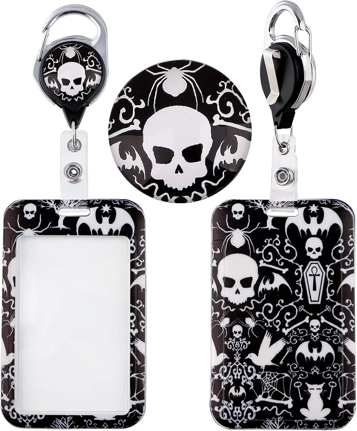 Black Skull Printed Transparent ID Badge Holder with Retractable Reel Clip, Sturdy Heavy-Duty Case with Large Window for Preppy Teachers & Boys - Goth Skeleton Design Name Tag Protector for Work