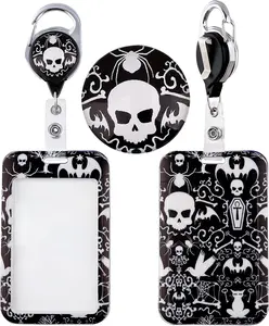 Black Skull ID Badge Holder with Retractable Clip Goth Cool Skeleton Printed ID Card Holder Men Boys Name Tag Heavy Duty Reel Protector Cover Case for Work