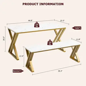 Dining Table Bench Set for 4 Kitchen Table Set With 2 Benches Rectangular Dining Room Table Set With Faux Marble Tabletop Sturdy Metal Frame Saving Space for Kitchen Dining Room Apartment