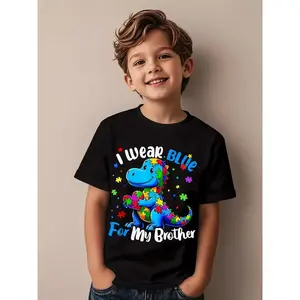 Kids' T-Shirt Promoting Autism Awareness Featuring a Vibrant Dinosaur And Puzzle Piece Design with Blue Lettering. I Wear Blue for My Brother - a Fun And Playful Shirt for Boys