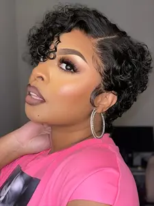 Curly Wave Human Hair Wig Pixie Cut Wig 13x1 T Part Transparent Lace Front Human Hair Wig 150% Density 10 Inch Glueless Lace Wigs