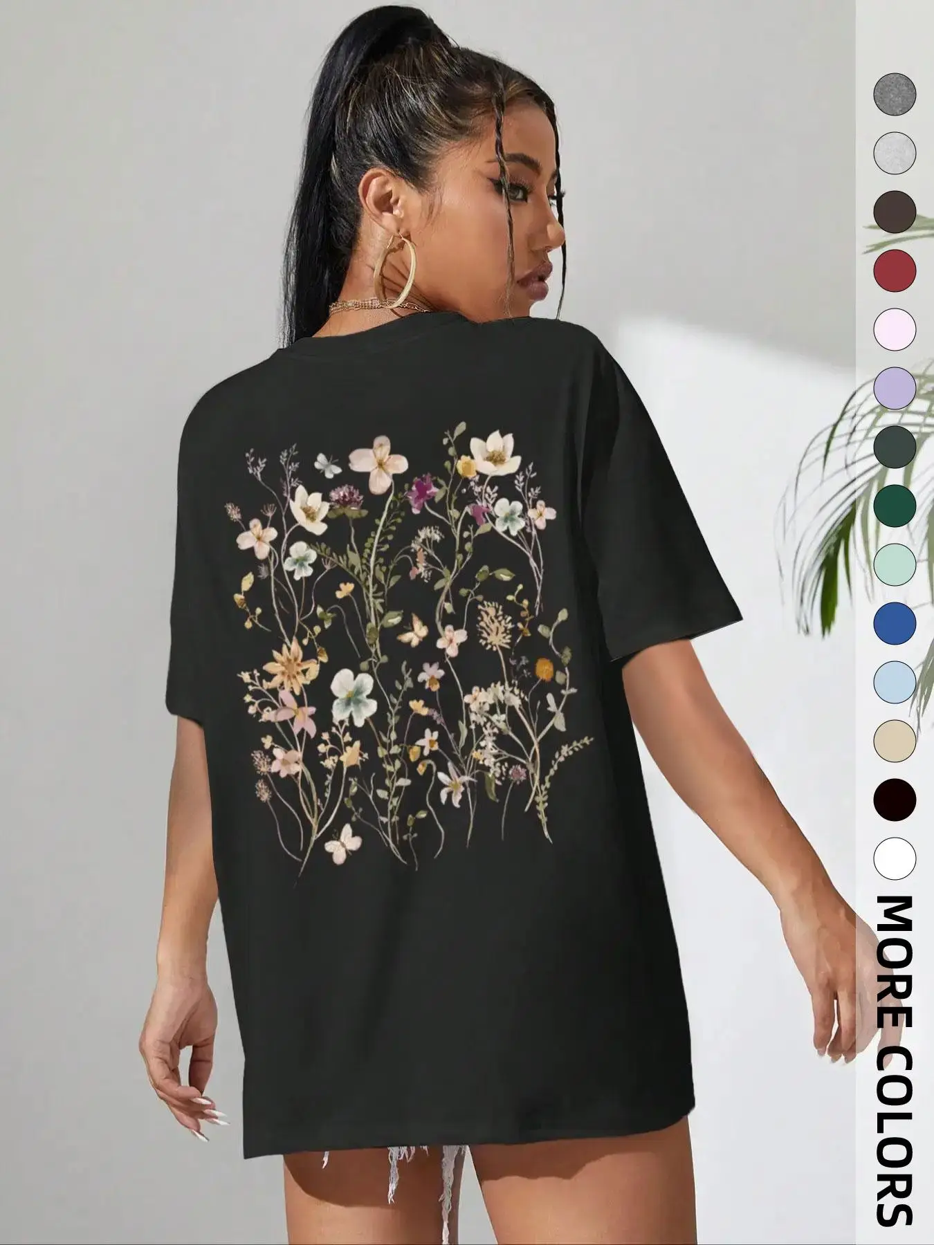 Women's Floral Print Drop Shoulder Crew Neck Tee, Street Casual Half Sleeve Round Neck T-shirt, Graphic Tees, Clothing, Streetwear Top, Ladies Clothes