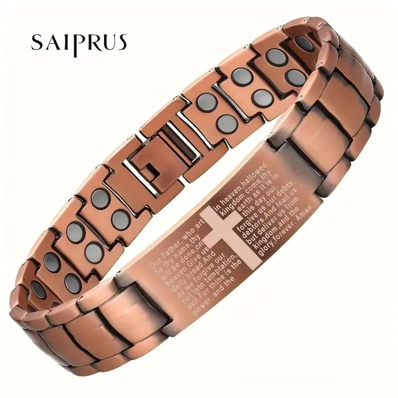 SAIPRUS Men's Bracelets - Cross. Adjustable pure copper magnetic bracelet, the perfect gift for your boyfriend. Effective magnetic force up to 3500 gauss. - Gift box packaging - Stylish and modern accessory gift.