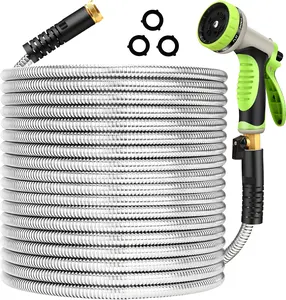 [New Deal] Metal Garden Hose 100ft Stainless Steel Water Hose Heavy Duty Flexible Lightweight Durable No Kink Hoses Pipe with 10 Function Nozzle Strong 3/4’’ Solid Brass Fitting for Outdoor Yard Metal Garden Hose Water Pipe Outdoor Hose Pet Wash Hose 11