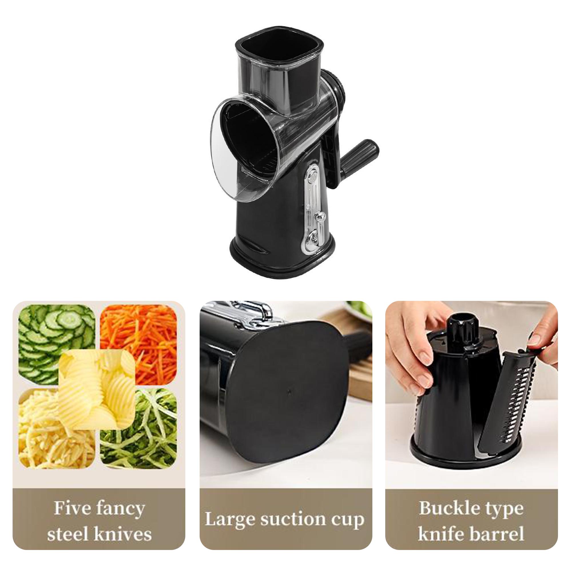 Rotary Cheese Grater with Handle 5 in 1 Vegetable Shredder with 5 Blades, Strong Suction Base, Round Mandoline Slicer & Blade Storage Box Kitchen Steel Stainless Utensils Curve Smooth