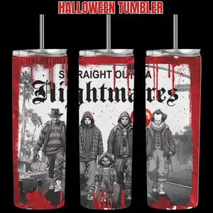 "STRAIGHT OUTTA NIGHTMARES" Halloween Tumbler - Portable Water Bottles with Spooky Design for Hot & Cold Drinks - Drinkware Flasks Mug