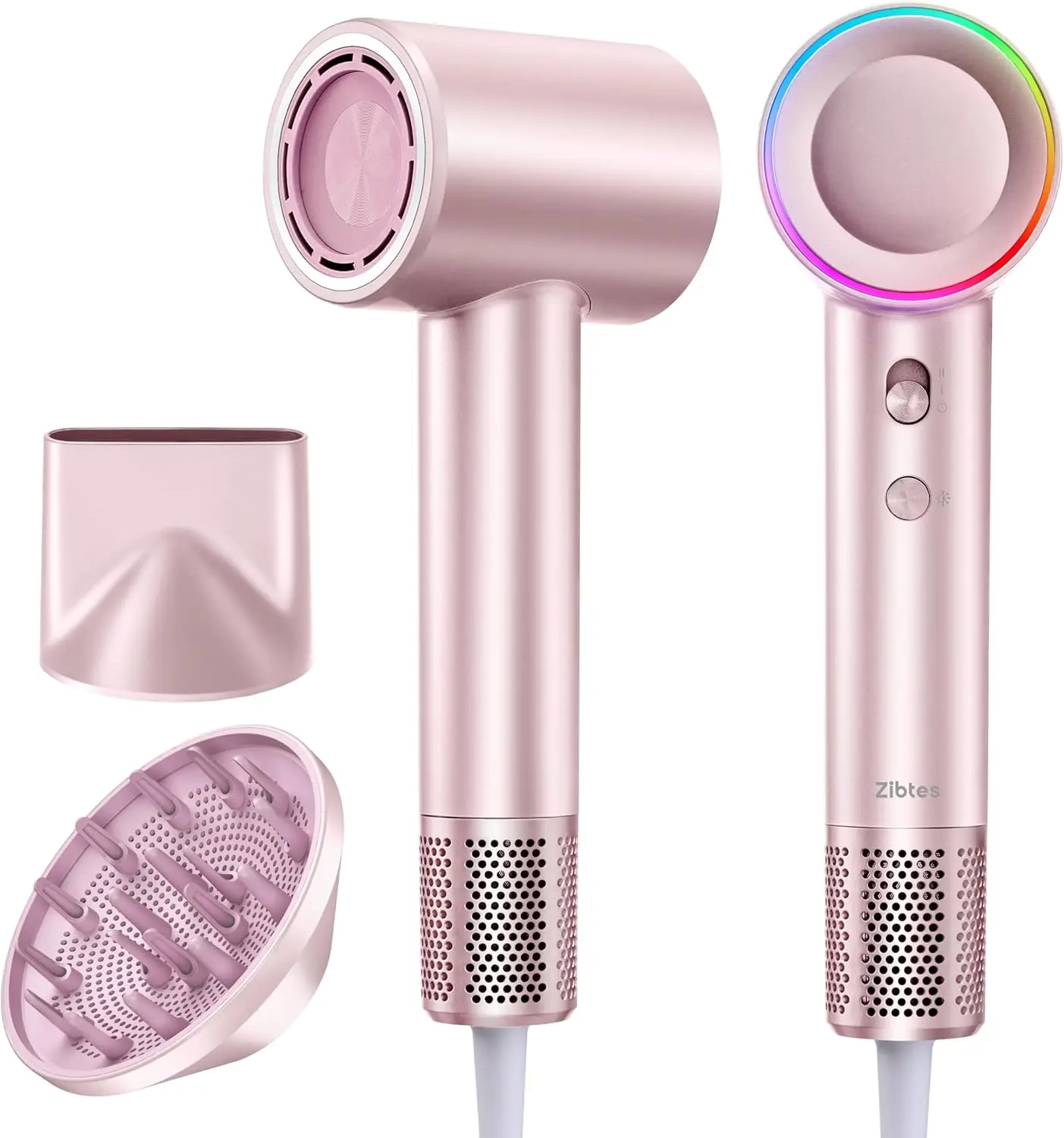 Zibtes High-Speed Ionic Hair Dryer with Magnetic Diffuser (Rose Gold) | 160K RPM Fast Drying, 500M Ions Reduce Frizz & Damage, Boost Shine, 2 Attachments for All Hair Types, Low-Noise Blow Dryer