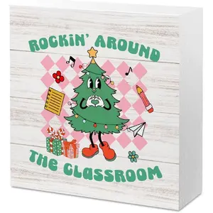 Funny Christmas Classroom Decor Holiday Christmas Decorations Indoor for School Class Room Shelf Rockin Around The Classroom Wooden Box Signs 5 X 5 Inches