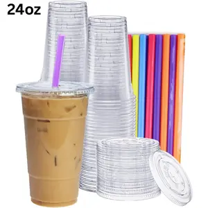 24 oz. - 100 Count Clear Cups with Flat Lids & Straws - Disposable Clear Drinking Cups for Iced Coffee, Cold Drinks, Milkshakes, and Smoothies