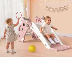 BIERUM 4-in-1 Toddler Slide & Climber ， Indoor/Outdoor Playset w/ Basketball & Ring Toss ， Foldable for Easy Storage ，Ages 1-3