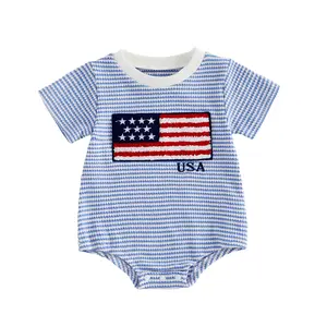 Emmababy Infant Baby Boys 4th of July Romper Stripe America Flag Short Sleeve Round Neck Cute Waffle Onesie Bodysuit Summer Clothes 0-18 Months