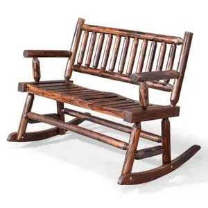 Outvita 33.5In Outdoor Wooden Rocking Chair, Country Style Log Built Double-Person Rocker Patio Chair with Slatted Seat for Backyard Garden Porch, Carbonized Summervibes