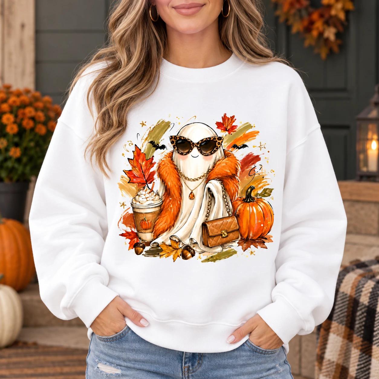 Cute Fall Ghost Graphic Sweatshirt and T-Shirt, Leopard Sunglasses Pumpkin Spice Autumn, Cozy Halloween – James Kinyon