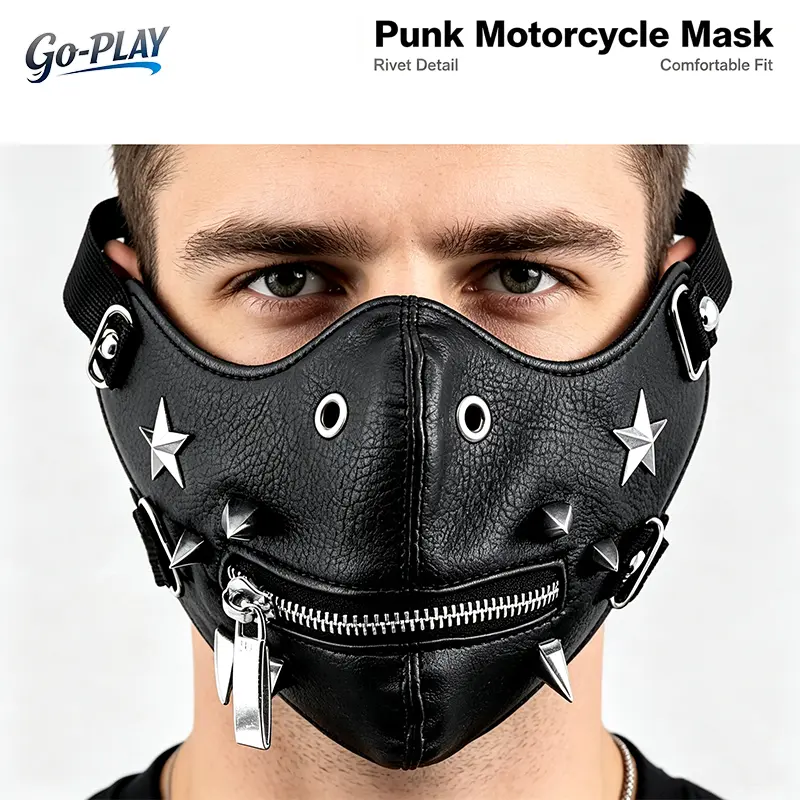 Steampunk Punk PU Leather Half Face Mask for Men & Women, Rivet Zipper Motorcycle Mask, Gothic Biker Face Cover, Adjustable Breathable Cosplay Mask, Cyberpunk Festival Costume, Halloween Party, Cycling, Airsoft, Streetwear Accessories
